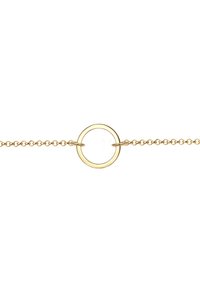 Guldtonet armbånd med en rund vedhæng og et delikat kædeskæringsdesign, med en glat overflade og minimalistic stil.