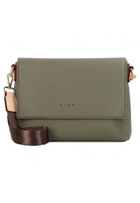 Grønn teksturert lærhåndveske med klaffelukking, gullfarget beslag og avtakbar brun stoffrem. Har logo-innskrift på forsiden.