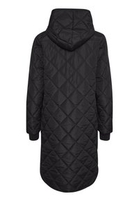 Schwarzer, gesteppter Langmantel mit Kapuze, der ein Diamantmuster aufweist und elastische Bündchen für eine taillierte Passform hat. Glatte, glänzende Stoffoberfläche.