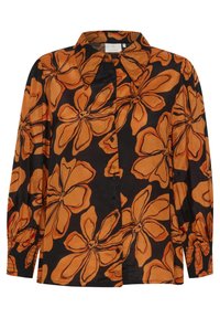 Camicia nera con bottoni caratterizzata da un grande motivo floreale arancione, tessuto leggero, maniche lunghe a sbuffo e polsini arricciati per un tocco di texture.