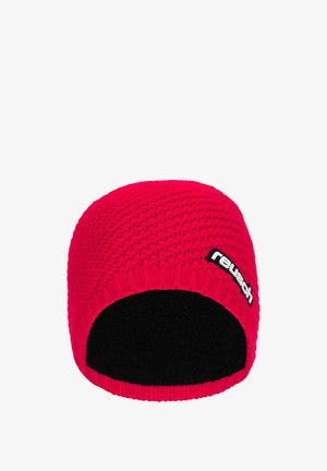 Red knit beanie with a textured pattern and a black, fleece-lined interior. Features a black logo patch on the side.