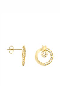 Orecchini a cerchio in oro con design a spirale, caratterizzati da un cerchio di pietre trasparenti e una finitura liscia e lucida. Chiusura con fermaglio sicuro a pressione.