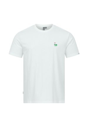 Weißes T-Shirt mit kurzen Ärmeln und Rundhalsausschnitt, mit einer kleinen bestickten Golfbahn und roter Fahne auf der oberen linken Brustseite.