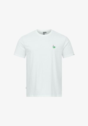 Wit T-shirt met korte mouwen en ronde hals, met een kleine geborduurde golfbaan met een rood vlaggetje op de linkerborstbovenkant.