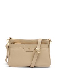 Borsa a tracolla in pelle beige con finitura texture, hardware dorato, tracolla regolabile e tasca frontale con zip. Design compatto e funzionale.