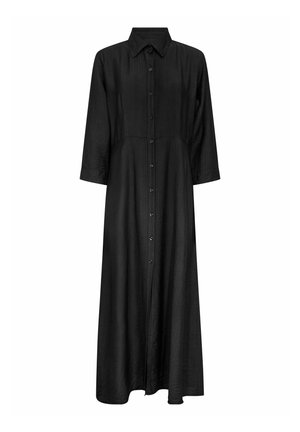 Robe noire à manches longues avec un devant boutonné, col et design fluide. Conçue dans un tissu léger à texture subtile.