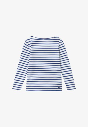 Long-sleeve striped shirt featuring white fabric with blue horizontal stripes, a boat neckline, and a small logo detail at the hem.