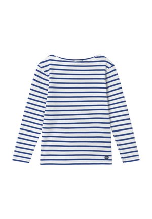Maglietta a maniche lunghe bianca con righe orizzontali blu navy, con scollatura rotonda e un piccolo logo dettagliato sull'orlo. Tessuto morbido.