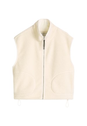 Cremefarbene ärmellose Fleeceweste mit durchgehendem Frontreißverschluss, hohem Kragen und zwei abgerundeten Fronttaschen.