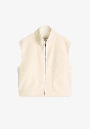 Roomkleurig mouwloos fleecevest met volledige rits aan de voorkant, hoge kraag en twee afgeronde voorzakken.
