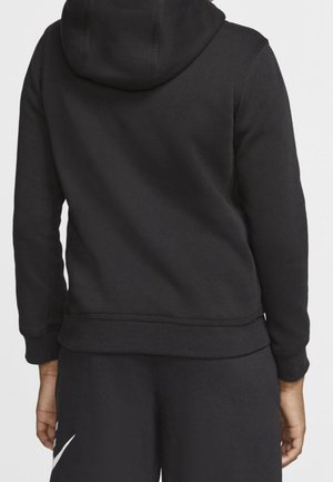 Sudadera con capucha negra de textura suave, con dobladillo y puños acanalados. Presenta un diseño sencillo sin logotipos ni patrones visibles.