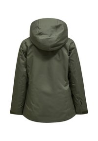 Dunkelgrüne wasserdichte Kapuzenjacke, von hinten gezeigt, mit langen Ärmeln und verstellbaren Bündchen.