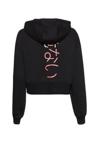 Black cropped hoodie with a large pink graphic printed vertically on the back. Features a drawstring hood and fitted cuffs. Soft material.
