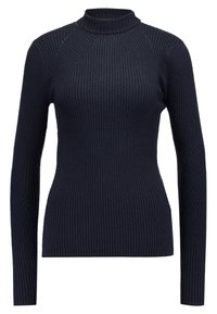 Haut côtelé bleu marine à manches longues avec un col montant, présentant des manches longues et des détails de panneaux diagonaux sur les épaules. Texture douce.