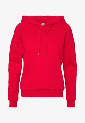 Rød hættetrøje lavet af en blanding af bomuldsstof. Features en frontlomme i kengurustil, snoretræk, ribstrikkede manchetter og talje. Glat tekstur.