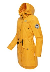Yellow waterproof jacket featuring a drawstring waist, hood, two front pockets, and logo patch on the left sleeve. Smooth texture.