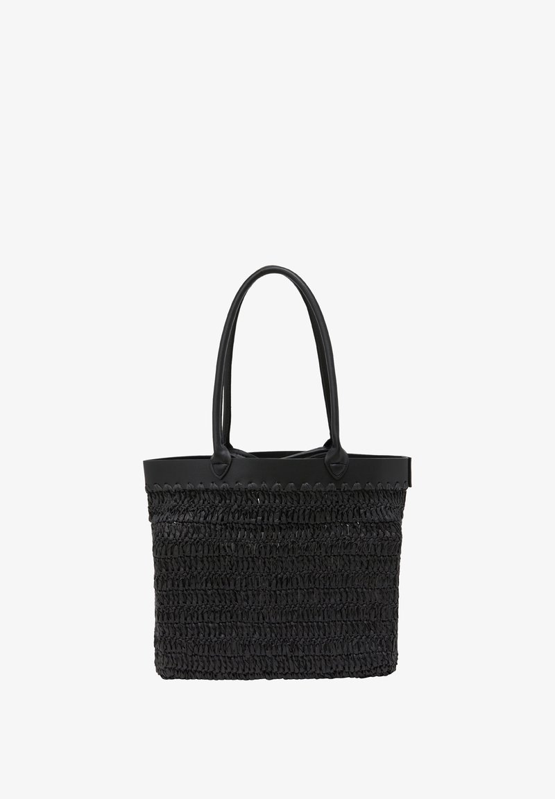 Borsa a tracolla nera intrecciata realizzata in materiale flessibile, con una parte superiore rigida nera, due manici e una superficie testurizzata con un motivo sottile.