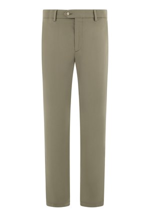 Pantalon kaki à jambes droites avec passants pour ceinture, bouton sur le devant et fermeture éclair.