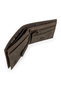 Billetera de cuero marrón con múltiples ranuras para tarjetas, un bolsillo con cremallera y cierre a presión. Cuenta con un forro interior con un patrón.