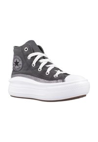 Sneaker alte in tela grigia con lacci bianchi e punta in gomma, dotate di una striscia laterale argentata e un dettaglio con logo a stella.