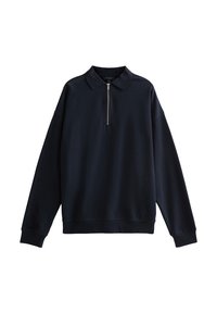 Sudadera de corte relajado de color navy con cuello con cremallera, mangas largas y puños de canalé. Confeccionada en una suave tela.