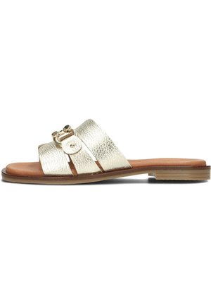 Gouden metallic slide sandaal met gestructureerde bandjes, voorzien van een ronde gespdetail en een platte bruine zool. Gladde afwerking en open design.