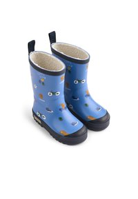 Siniset kumiset sadetossut pehmeällä vuorella, joissa on värikkäitä urheiluteemaisia kuvioita ja musta kuvioitu pohja pidon takaamiseksi.