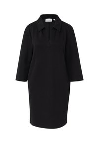 Schwarzes knielanges Kleid mit 3/4-Ärmeln, weitem Kragen und V-Ausschnitt der Marke Comma vor weißem Hintergrund.