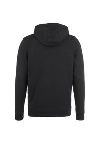 Sudadera negra con capucha con cordón, mangas largas y puños acanalados. Hecha de una tela suave y texturizada. Vista posterior.