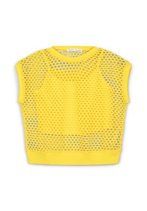 Top corto a rete giallo con maniche corte, caratterizzato da un motivo a nido d'ape e un orlo di colore uniforme. Progettato per una vestibilità rilassata.