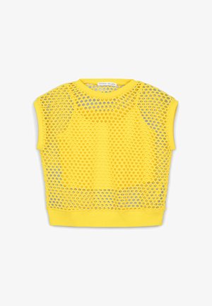 Top corto a rete giallo con maniche corte, caratterizzato da un motivo a nido d'ape e un orlo di colore uniforme. Progettato per una vestibilità rilassata.