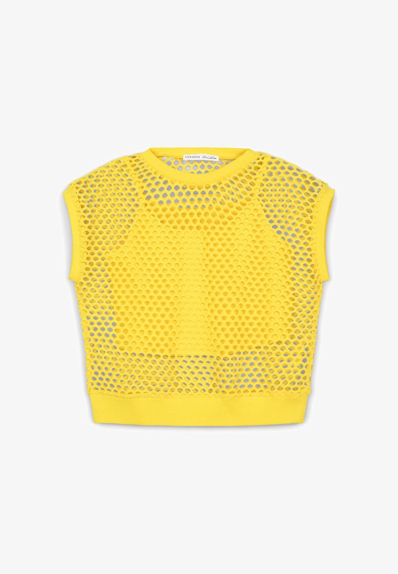 Top corto a rete giallo con maniche corte, caratterizzato da un motivo a nido d'ape e un orlo di colore uniforme. Progettato per una vestibilità rilassata.