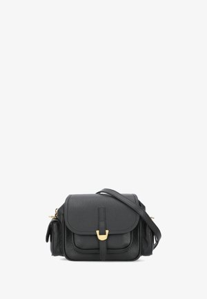 Borsa a tracolla in pelle nera con superficie texture, hardware dorato, pattina frontale e tracolla regolabile. Presenta un ampio scomparto principale e una tasca laterale.