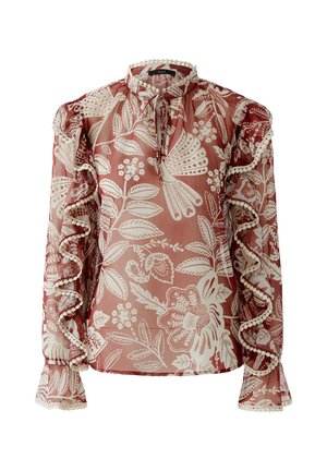 Transparante blouse met lange mouwen, rood-wit bloemmotief, gerimpelde mouwen, hoge hals en sluiting met strik en pomponaccenten.