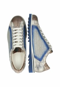 Sneakers multicolori con un motivo intrecciato blu, dettagli argentati e una chiusura anteriore bianca a lacci. Presentano un materiale grigio testurizzato e una suola testurizzata.