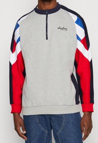 Felpa grigia con collo alto, zip a quarto e maniche a righe multicolori in rosso, blu e bianco. Presenta polsini ed orlo elasticizzati.