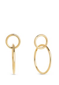 Pendientes de aro de oro que presentan formas circulares y ovaladas, con textura suave y un diseño entrelazado. Ligero y con un acabado pulido.