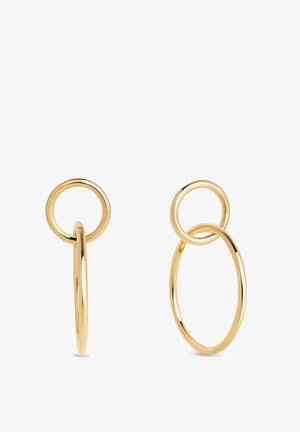 Zlaté kruhové náušnice s kruhovými a oválnymi tvarmi, hladkým povrchom a prepojeným dizajnom. Ľahké a s lesklým povrchom.
