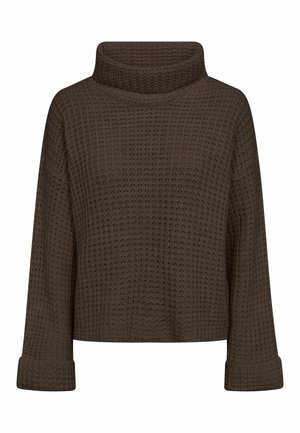 Suéter grueso de punto marrón con mangas largas, puños doblados y cuello alto ancho, exhibido sobre un fondo blanco.