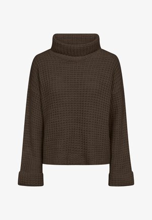 Suéter grueso de punto marrón con mangas largas, puños doblados y cuello alto ancho, exhibido sobre un fondo blanco.