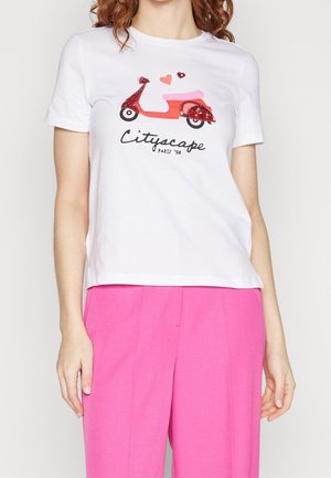 White t-shirt featuring a red scooter graphic with pink accents and hearts. Text reads "Cityscape Paris '90." Worn with pink pants.