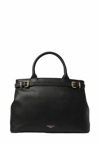 Borsa a mano in pelle nera con manici arrotondati, dettagli con fibbia dorata e logo "TWINSET" in lettere dorate sul davanti.