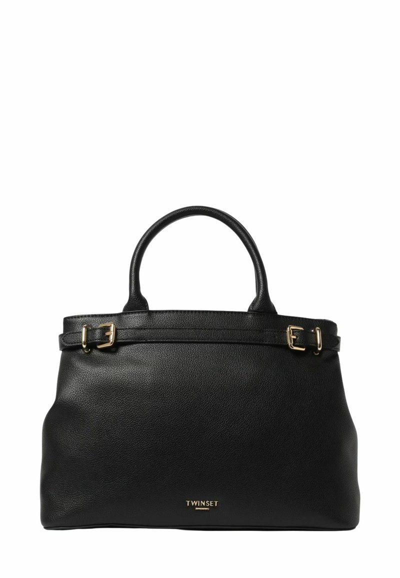 Borsa a mano in pelle nera con manici arrotondati, dettagli con fibbia dorata e logo "TWINSET" in lettere dorate sul davanti.