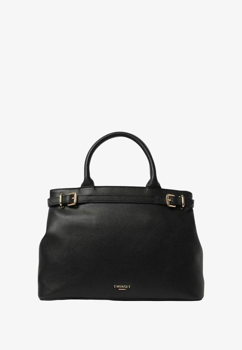 Borsa a mano in pelle nera con manici arrotondati, dettagli con fibbia dorata e logo "TWINSET" in lettere dorate sul davanti.