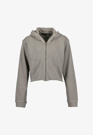 Jasnoszara krótka bluza z suwakiem, długimi rękawami, małym kapturem i naszytym wzorem gwiazdy po lewej stronie z przodu.