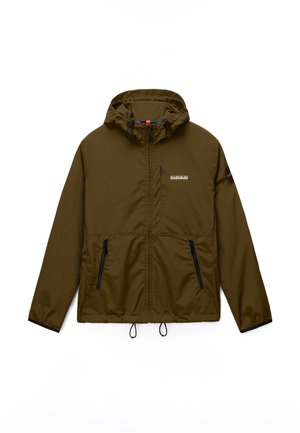 Olivgrüne Kapuzenjacke mit durchgehendem Reißverschluss, zwei Fronttaschen mit Reißverschluss, verstellbaren Kordeln am Saum und Logoaufnäher auf der linken Brust und am Ärmel.