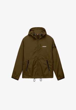 Giacca con cappuccio verde oliva a zip completa con due tasche frontali con zip, coulisse regolabili sull'orlo e patch con logo sul petto sinistro e sulla manica.