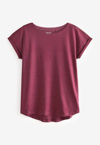 T-shirt bordeaux en coton à manches courtes avec encolure dégagée et ourlet légèrement arrondi pour une coupe décontractée. Texture douce avec une élasticité minimale.