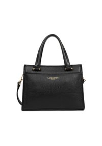 Borsa a tracolla in pelle nera texturizzata con due manici superiori, hardware dorato e una tracolla removibile. Presenta un design minimalista e dettagli di marca.