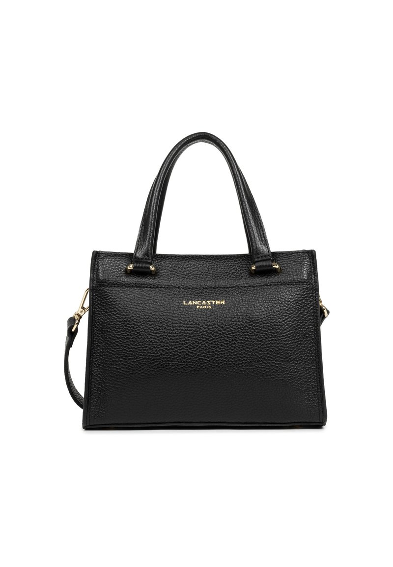 Borsa a tracolla in pelle nera texturizzata con due manici superiori, hardware dorato e una tracolla removibile. Presenta un design minimalista e dettagli di marca.